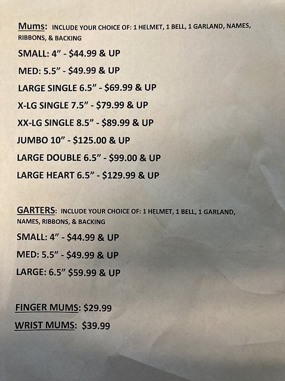 Homecoming Price Sheet