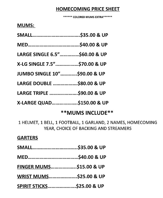 Homecoming Price Sheet